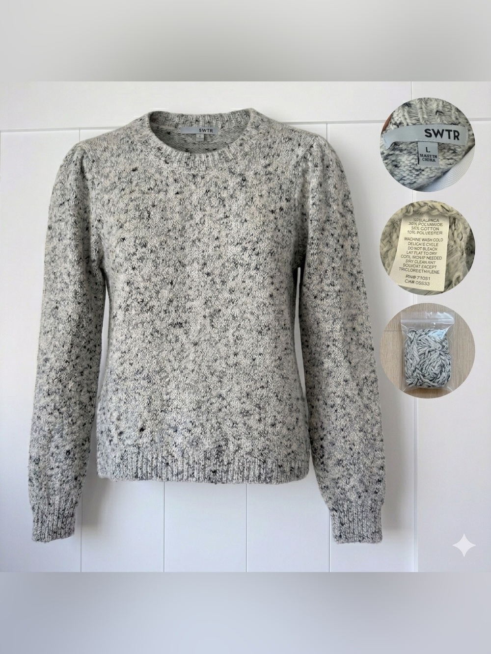 SWTR Alpaca Blend Marled Speckled Sweater L Gray Fluffy Lightweight $258 Luxury